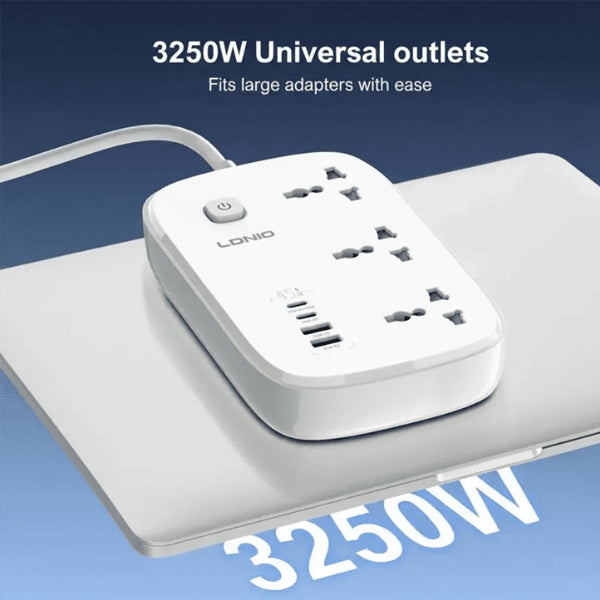 LDNIO SC6 45W GAN FAST CHARGING 3250W POWER EXTENSION 3 SOCKETS 2 USB-A + 2 USB-C 2M