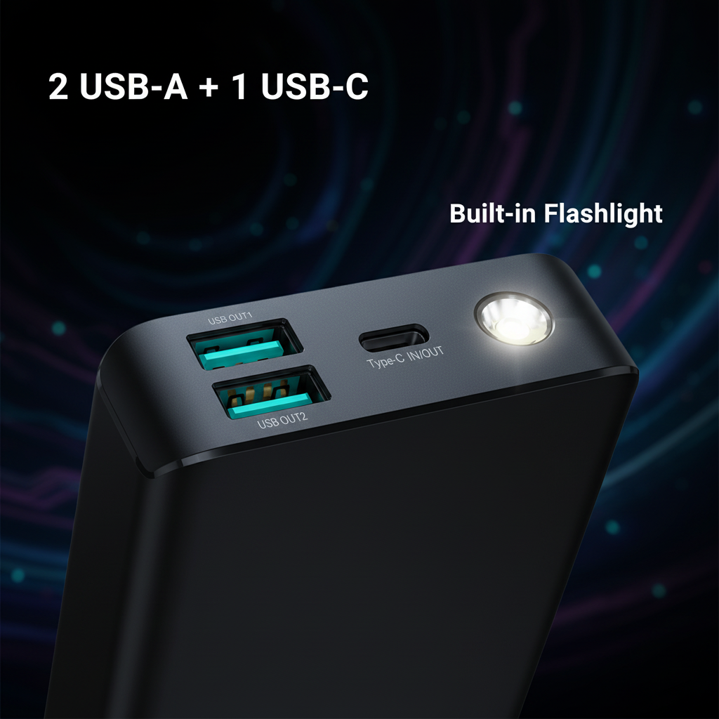 JOYROOM JR-PBF02 ports - 2 USB-A + 1 USB-C + flashlight