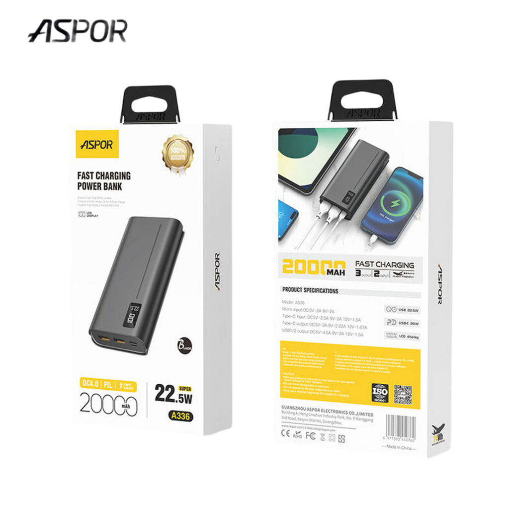ASPOR A336 POWER BANK 20000MAH 22.5W HIGH CAPACITY WITH LED DISPLAY FAST CHARGING