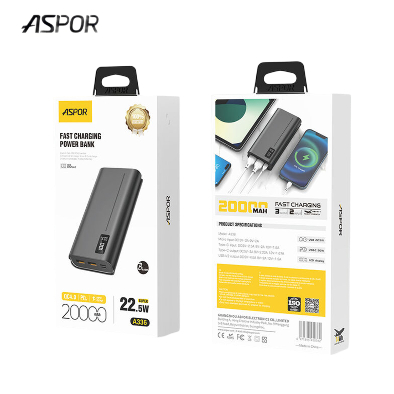 ASPOR A336 POWER BANK 20000MAH 22.5W HIGH CAPACITY WITH LED DISPLAY FAST CHARGING